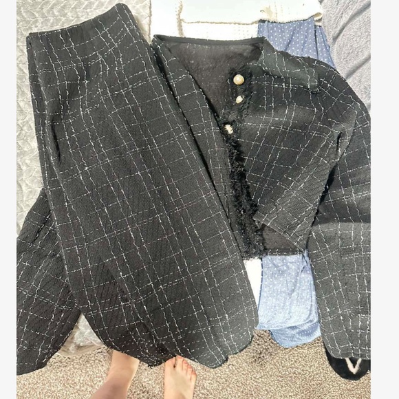 Classic Tweed Button Crop Jacket Midi Frayed Hem Skirt Set - Picture 5 of 10